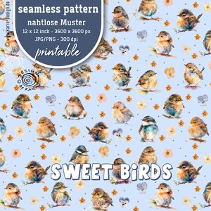 Op de afbeelding: Een naadloos patroon met aquarel illustraties van schattige vogels die op takken zitten met delicate bloemen in roze, geel en paars op een lichtblauwe achtergrond. De tekst "SWEET BIRDS" wordt weergegeven in vetgedrukte witte letters.