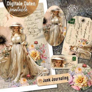 Könnte beinhalten: Ein digitaler Druckbogen mit einer Frau in einem weißen Kleid mit einem Blumenstrauß, umgeben von Blumen und Vintage-Papiertexturen. Der Text "Digitale Daten printable" und "Junk Journaling" ist auf dem Bild zu sehen.
