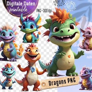 25 niedliche Drachen Monster - digitale cliparts - 25 einzelne PNG - sofort-Instant-Download PNG - transparenter Hintergrund - Nr 2414