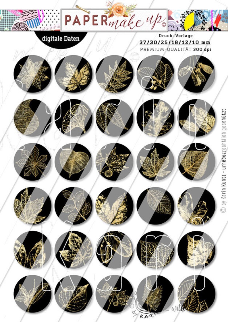 30x Cabochon-Design digitale Collagen sheets circles 6 sizes Black-Gold Sofort-instant-Download PDF/JPG Nr 195 Bild 3