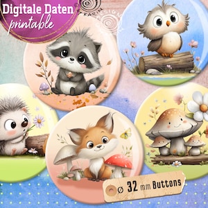 May include: A collection of five 32 mm round buttons featuring adorable woodland creatures. The buttons showcase a raccoon, owl, hedgehog, fox, and mushroom characters. The text "Digital Data printable" is visible at the top. The buttons are colorful and whimsical.