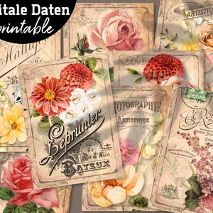 Könnte beinhalten: Ein Set aus sechs druckbaren digitalen Papieren mit Vintage-Blumenillustrationen und Textüberlagerungen. Die Papiere zeigen eine Vielzahl von Blumen, darunter Rosen, Dahlien und Lilien, in den Farben Rosa, Rot, Weiß und Gelb. Die Textüberlagerungen beinhalten die Wörter "Artistique", "Bebrunier", "Photographie Artistique", "L'Halluy" und "Romain".