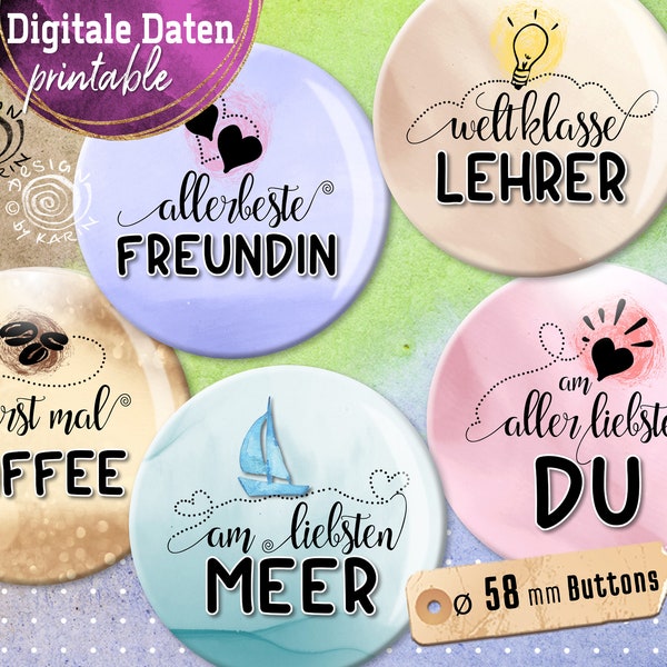 20x Design Button-Vorlagen - Print-Collagen digital - Sondergröße 58 mm - liebe Worte - Instant-Download PDF/JPG - Nr 2318