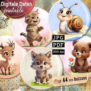 May include: Five printable 44 mm button designs featuring cute animal illustrations. The designs include a deer, a wolf, a cat, a snail, and a bear. The buttons are perfect for crafts, scrapbooking, and other creative projects.