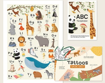 Schulanfang Set I ABC Poster I Tieralphabet Karten I Tattoos