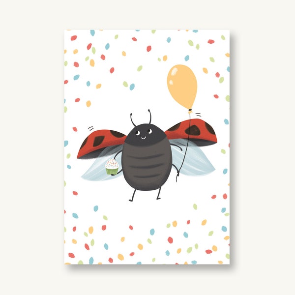 Carte postale anniversaire confettis coccinelle