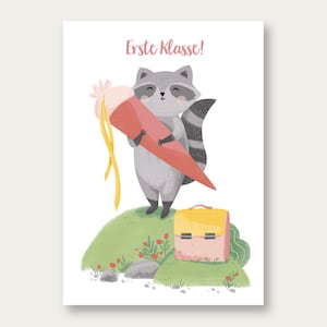 Postkarte Schulanfang Waschbär Mädchen / Einschulung /  Erster Schultag / Schultüte