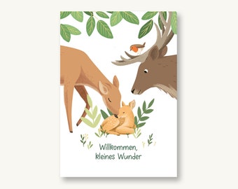 Postcard for birth Forest animals Fawn Mama Deer and Papa Deer