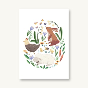 Postkarte Frühlingstiere - Hase, Lamm, Henne mit Küken