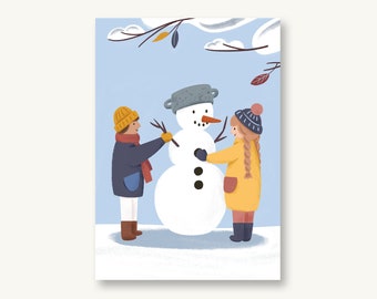 Postkarte Winter Schneemann & Kinder