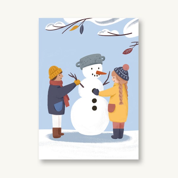 Postkarte Winter Schneemann & Kinder