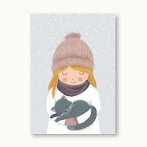 Postcard Winter - girl with cat