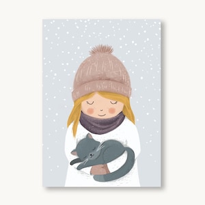 Postkarte Winter - Mädchen mit Katze