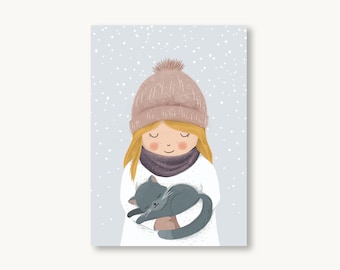 Postkarte Winter - Mädchen mit Katze