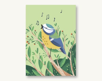 Carte postale Mésange bleue chantant