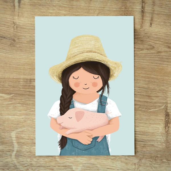 Postkarte Sommer - Mädchen mit Ferkel