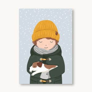 Postkarte Winter - Junge mit Hund
