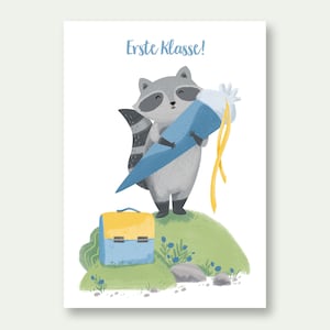 Postkarte Schulanfang Waschbär Junge / Einschulung /  Erster Schultag / Schultüte