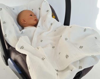 Einschlagdecke Musselin luftig leicht Frühling Sommer I 100% Baumwolle I Kinderwagendecke I Maxi Cosi I 3 Punkt Gurtsystem I Cybex I Leaves