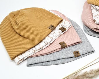 Beanie Mütze Rippjersey in rosa, graumeliert und camel