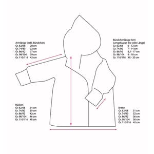 May include: A black and white line drawing of a hooded jacket with measurements in centimetres for different sizes. The measurements include the length of the back, the width of the jacket, the length of the sleeve, and the length of the cuff.