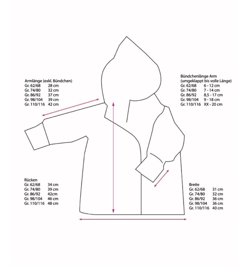 May include: A black and white line drawing of a hooded jacket with measurements in centimetres for different sizes. The measurements include the length of the back, the width of the jacket, the length of the sleeve, and the length of the cuff.