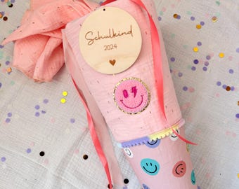 Schultüte Mädchen Musselin Glitzer ROSA Smiley