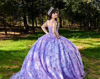 Vestido de lila con diseño floral en 3D 2031 Etsy México
