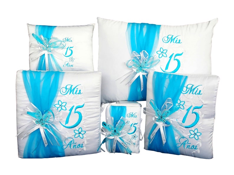 Turquoise Floral with Butterflies Quinceanera Accessories Package Set with Pillows Photo Album Guest Book and Bible