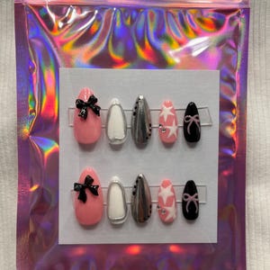 Pink and Black Bow Star Press on Nails