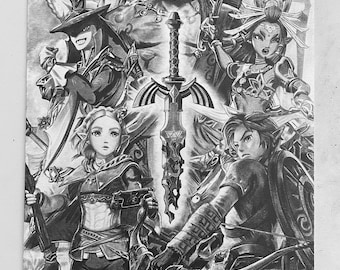 Original pencil drawing of Zelda Tears of The Kingdom, size A4 (21 x 29.70 cm) artwork portrait original print draw