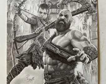 Original pencil drawing of GOD Of War size A4 (21 x 29.70 cm) artwork portrait original print draw