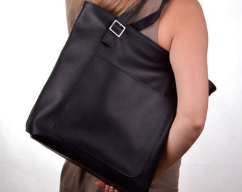 Tas met buitenste zak PESCARA zwart groot dat twee kleuren natuurlijke echte vrouwen leerzak bekleed met ritssluiting