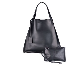 RONDA cuir naturel noir, sac à main + sachet