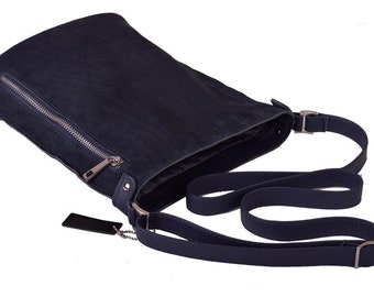 SALERNO Women's messenger bag Blue suede and leather