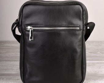 ADRANO men's bag sachet shoulder bag black long wide strap smooth genuine natural soft leather unisex pockets lining