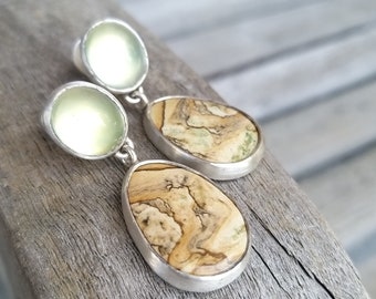 Unique earrings with green Prenith and landscape japis set in silver