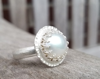 UNIKAT - romatischer Silberring mit echter Mabe-Perle