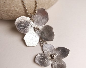 Unique necklace with two hydrangea flowers in silver