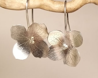 Unique earrings hydrangea flowers in silver