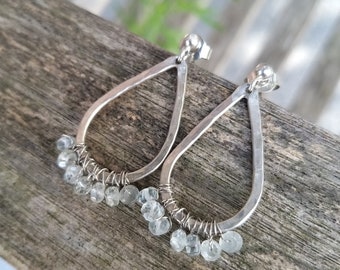 Silver drop earrings with aquamarine beads - unique piece