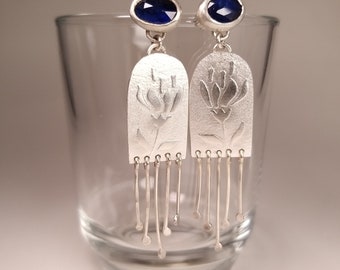 Unique earrings with rose-cut blue sapphire set in silver