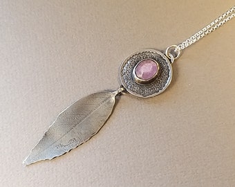 Tourmaline necklace pendant handmade in silver with leaf