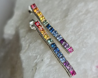 Rainbow sapphire earring danglers, hand made in silver.