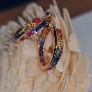 Handmade 14k Gold Rainbow Sapphire Hoop Earrings