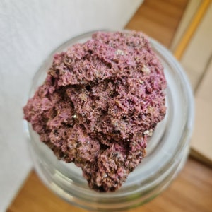 May include: A close-up of a rough, pink and brown rock with a textured surface. The rock is in a clear glass jar.