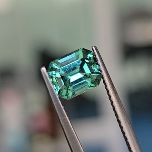 May include: A vibrant green emerald gemstone with a rectangular cut, held in tweezers.