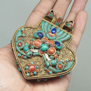 Antique Silver Tibetan Gau, 24k Gold plated. Handmade in Nepal. Prayer box with lord Bhairav on cover and Goddess Tara sculpture inside.