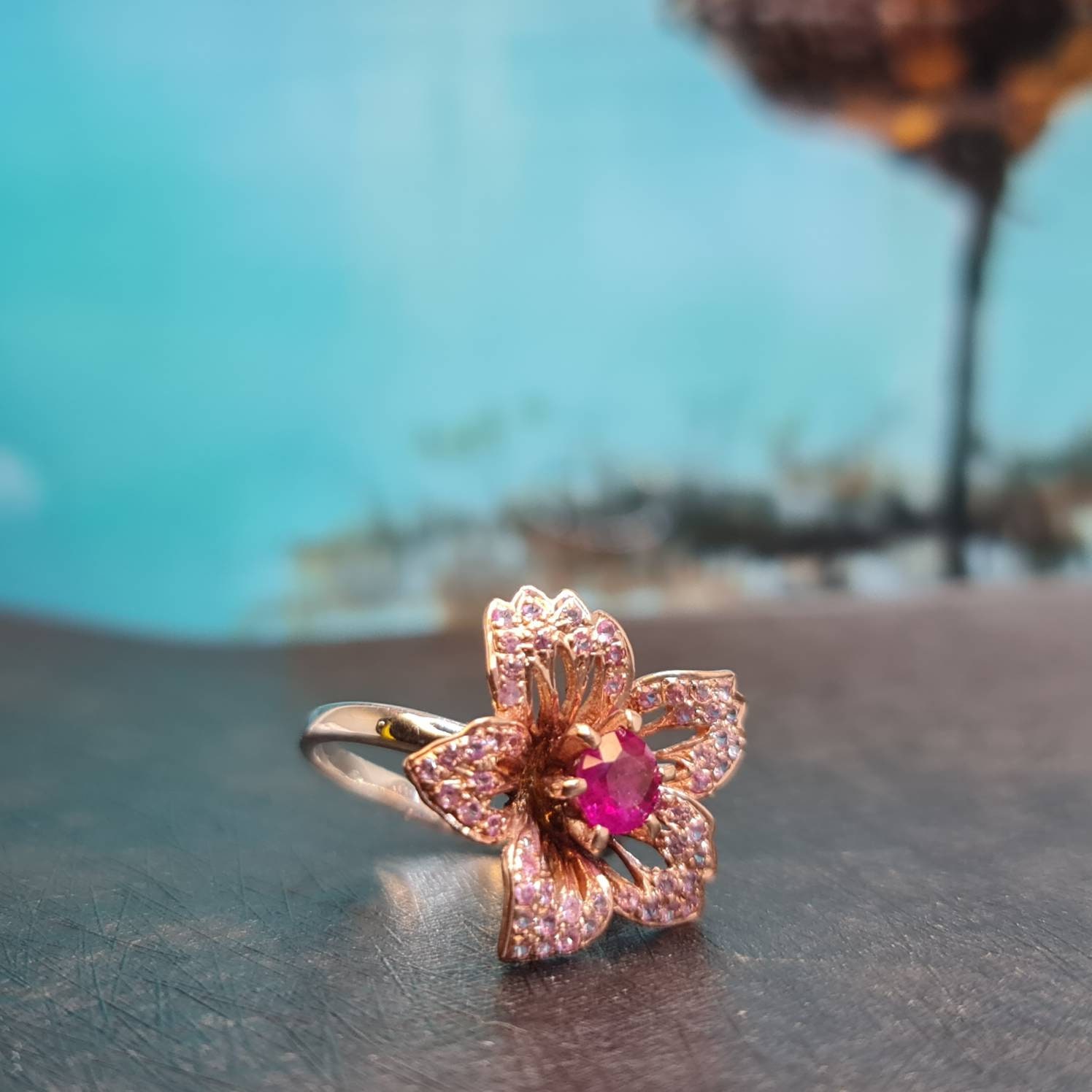 Sapphire and Ruby Flower Ring. Natural Gemstones. Sakura