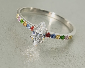 Handmade multicolor sapphire ring. 925 silver. Marquees cut CZ, ascher cut.